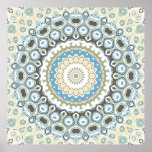 Blaue und beige Mandala-Muster mit Erdtönen Poster
