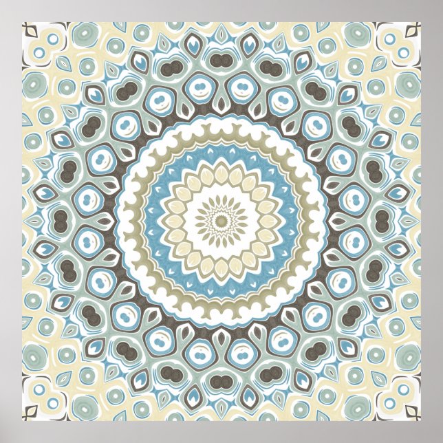 Blaue und beige Mandala-Muster mit Erdtönen Poster (Vorne)