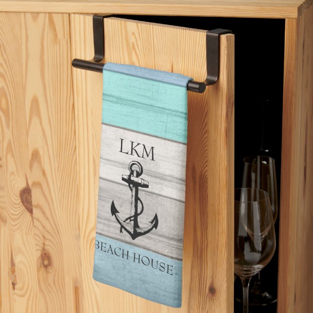 Blaue und Beige Töne Holz Nautical - Monogramm Geschirrtuch (Drittel gefaltet)