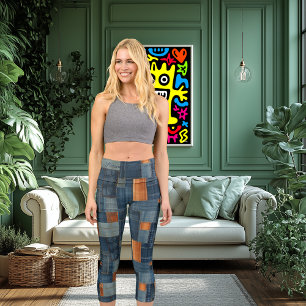 Blaue und braune gewebte Textur   Rustikales moder Capri Leggings