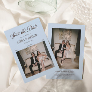 Blaue und braune Hochzeit Foto zur Vorabanzeige Einladung