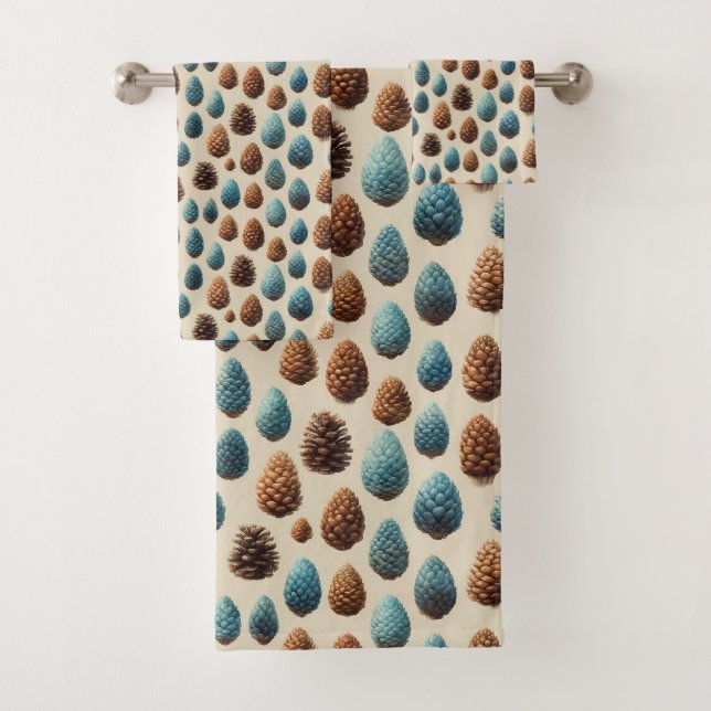 Blaue und braune Pinecone Wintermuster Badhandtuch Set (Insitu)