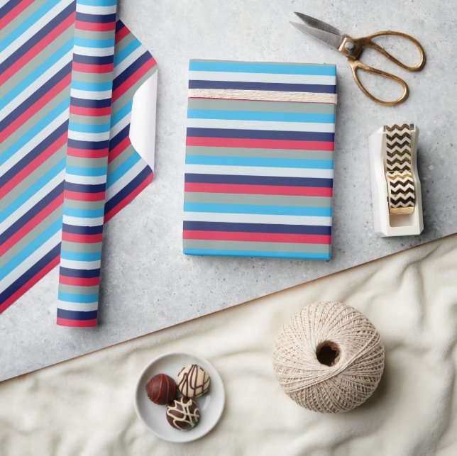 Blaue und Burgunder Streifen Geschenkpapier (Kunsthandwerk)