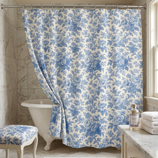 Blaue und cremefarbene Blumengestaltung Toile de J Duschvorhang