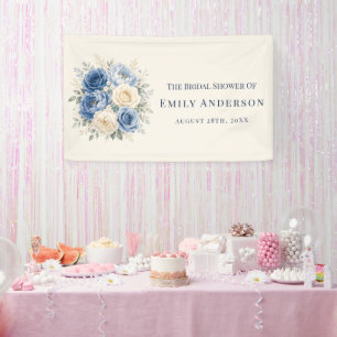 Blaue und cremefarbene Rosen-Blumen-Hochzeitsdusch Banner