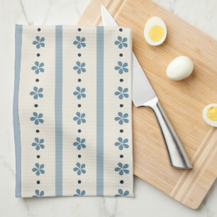 Blaue und cremefarbene Streifen und Blumen Geschirrtuch