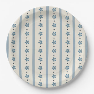 Blaue und cremefarbene Streifen und Blumen Pappteller