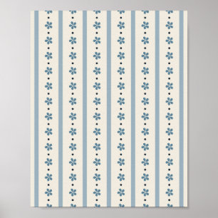 Blaue und cremefarbene Streifen und Blumen Poster