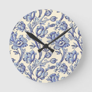 Blaue und cremefarbene Tulips Toile Französische L Runde Wanduhr