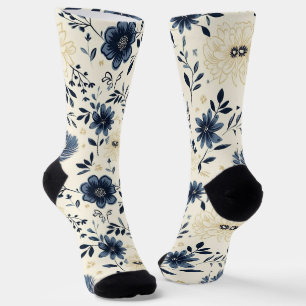 Blaue und cremefarbene volkstümliche Blumenaue Socken