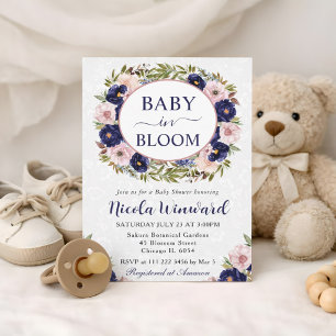 Blaue und cremefarbene Wasserfarben-Kranz-Baby-Par Einladung