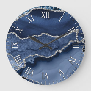 Blaue und falsche Silber-Glitter-Marmor-Achat Große Wanduhr