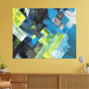 Blaue und gelbe abstrakte Pinselstrich-Geometrie Leinwanddruck
