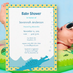 Blaue und gelbe Alligator-Baby-Jungen-Party Einladung