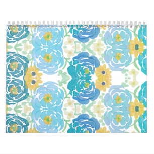 Blaue und gelbe Aquarell-Blumen Kalender