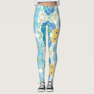 Blaue und gelbe Aquarell-Blumen Leggings