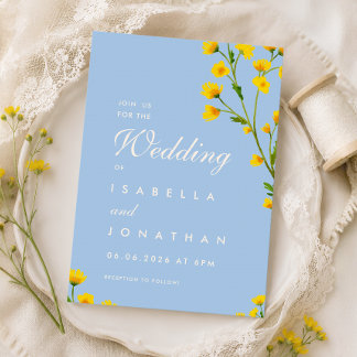 Blaue und gelbe Aquarell-Wildblumen-Hochzeit Einladung