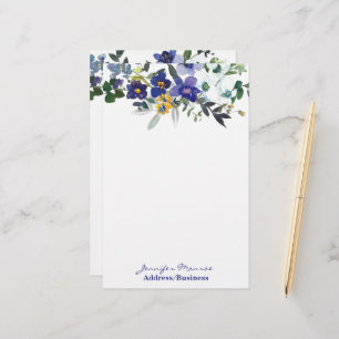 Blaue und gelbe Aquarellblumen personalisiert Briefpapier