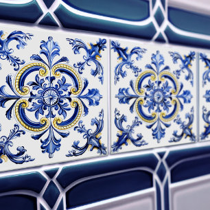 Blaue und gelbe Azulejo-Talavera-Keramikfliesen Fliese