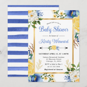 Blaue und gelbe Blumen-Baby-Shower im Wasserfarblo Einladung