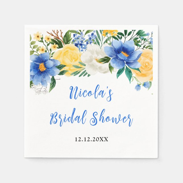 Blaue und gelbe Blumen-Brautjungfernparty Serviette (Vorderseite)