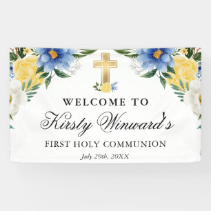 Blaue und gelbe Blumen Erste heilige Kommunion Banner
