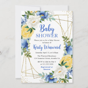 Blaue und gelbe Blumen Goldrahmen Babyparty Einladung