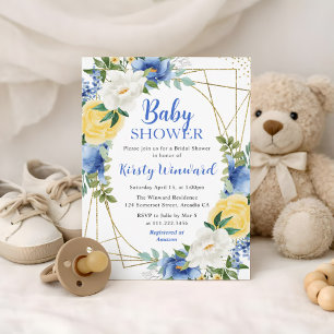 Blaue und gelbe Blumen & Goldrahmen Babyparty Einladung