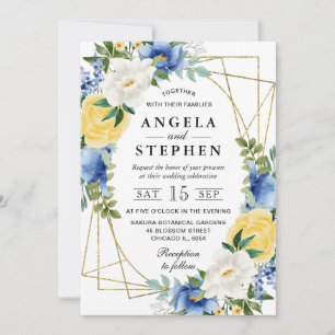 Blaue und gelbe Blumen Goldrahmen Hochzeit Einladung