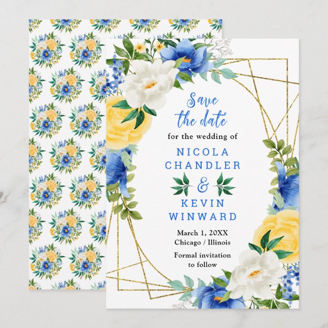 Blaue und gelbe Blumen Hochzeit Save The Date (Vorne/Hinten)