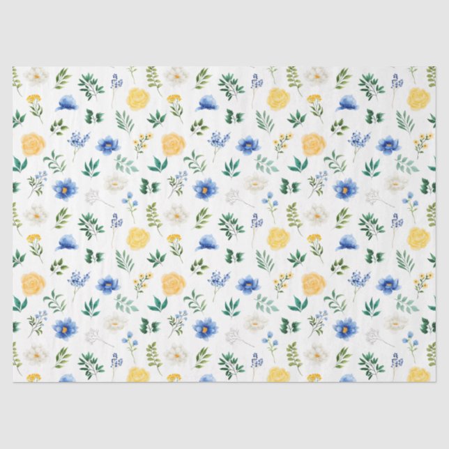 Blaue und gelbe Blumen mit Blattmuster Seidenpapier (Vorderseite)