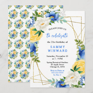 Blaue und gelbe Blumen mit Blattwerk zum Geburtsta Einladung