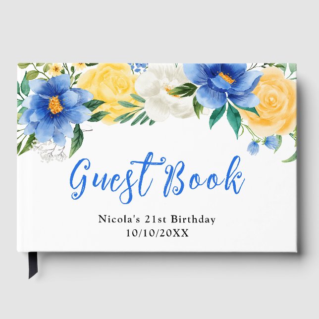 Blaue und gelbe Blumen mit Blattwerk zum Geburtsta Gästebuch (Vorderseite)