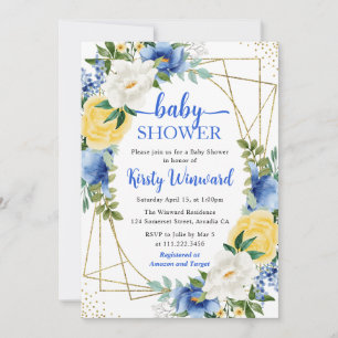 Blaue und gelbe Blumen und goldener Rahmen Baby Sh Einladung