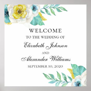 Blaue und gelbe Blumen Willkommensschild. Hochzeit Poster