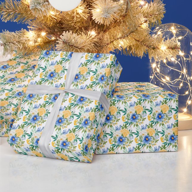 Blaue und gelbe Blumenmuster  Geschenkpapier (Feiertage)