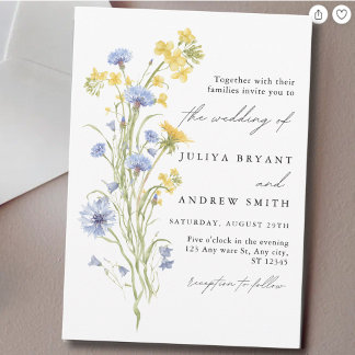 Blaue und gelbe Blumenschrift Hochzeit Einladung