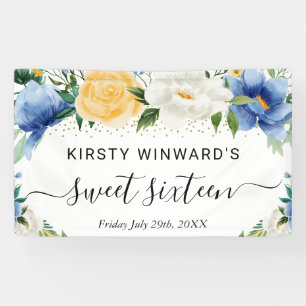 Blaue und gelbe Boho-Blumen Süße 16 Willkommen Banner