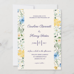 Blaue und gelbe botanische Hochzeitseinladung Einladung