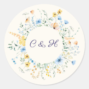 Blaue und gelbe botanische Hochzeitsmonogramm-Aufk Runder Aufkleber
