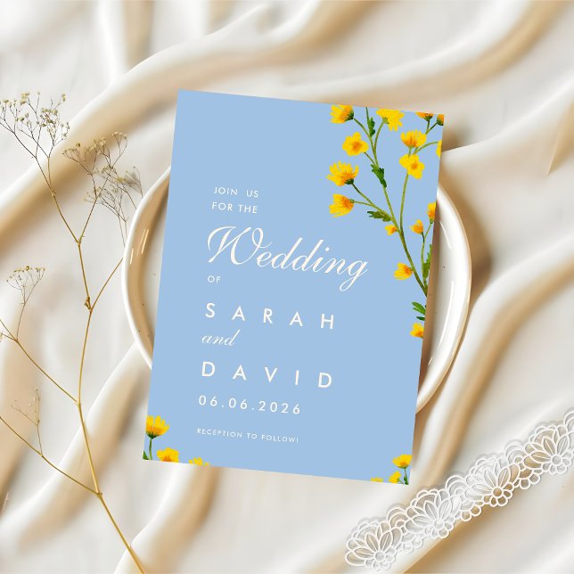 Blaue und gelbe Butterblume bearbeitbare Hochzeit Einladung (Von Creator hochgeladen)