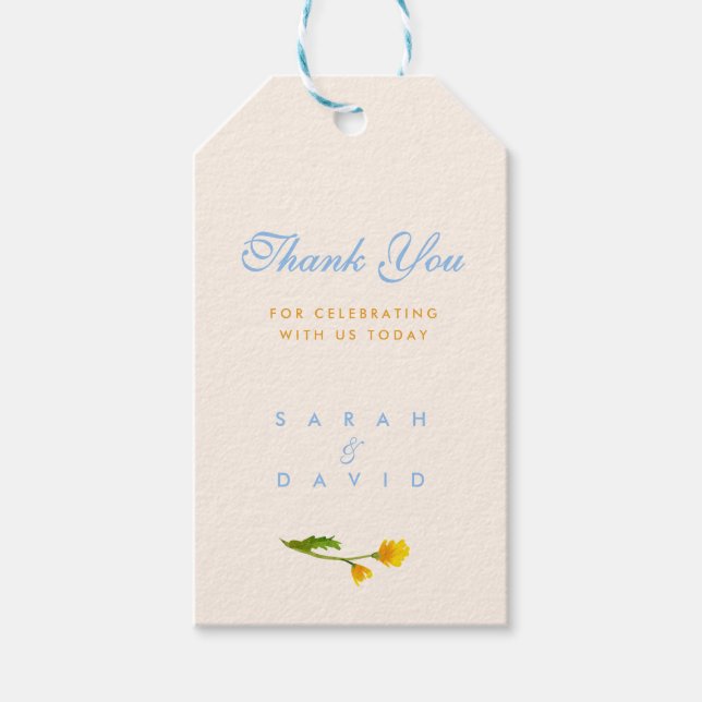 Blaue und gelbe Butterblume bearbeitbare Hochzeit Geschenkanhänger (Vorderseite)