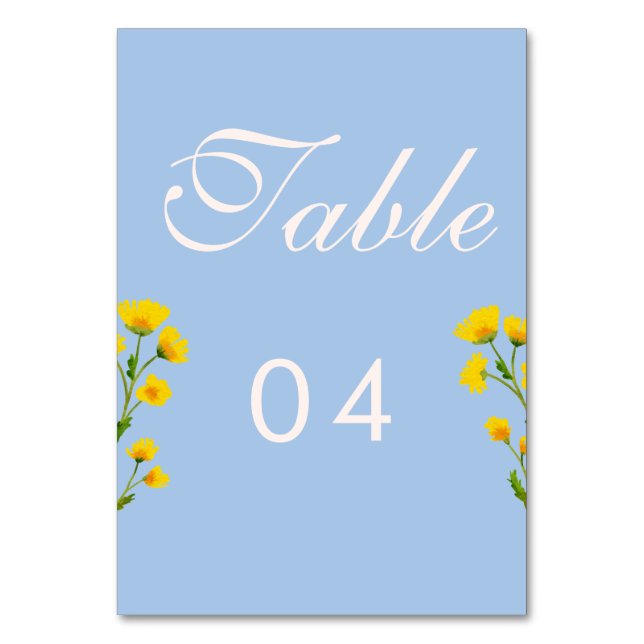 Blaue und gelbe Butterblume Hochzeit Tischnummern (Vorderseite)