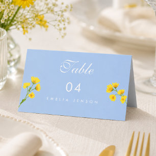 Blaue und gelbe Butterblumen-Hochzeitstisch-Nummer Platzkarte
