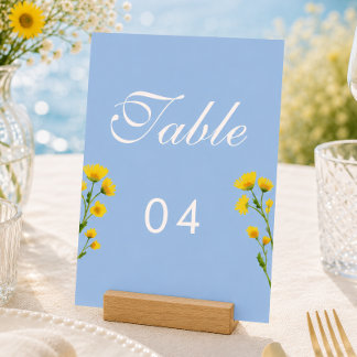 Blaue und gelbe Butterblumen-Hochzeitstisch-Nummer Tischnummer