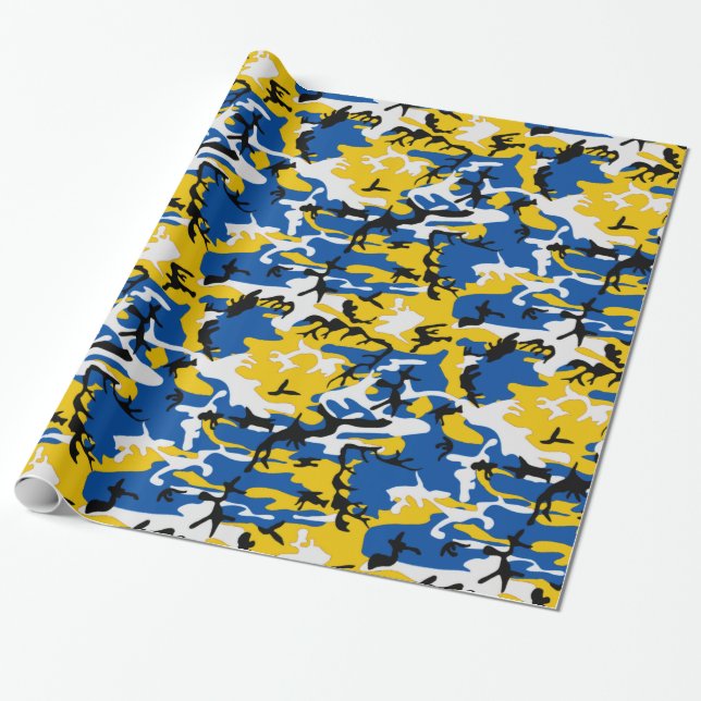 Blaue und gelbe Camouflage Geschenkpapier (Ungerollt)