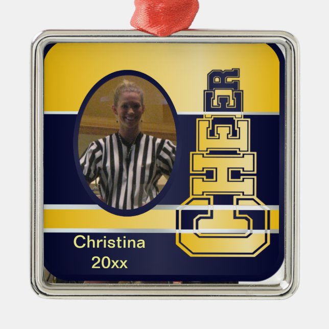 Blaue und gelbe Cheerleading Fotografie-Verzierung Ornament Aus Metall (Vorne)