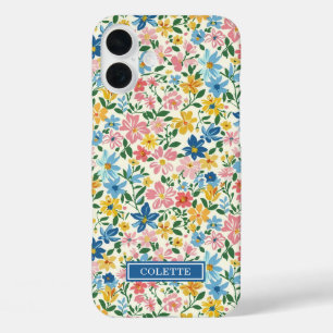Blaue und gelbe Ditsy-Blumen monogrammiert iPhone 16 Plus Hülle