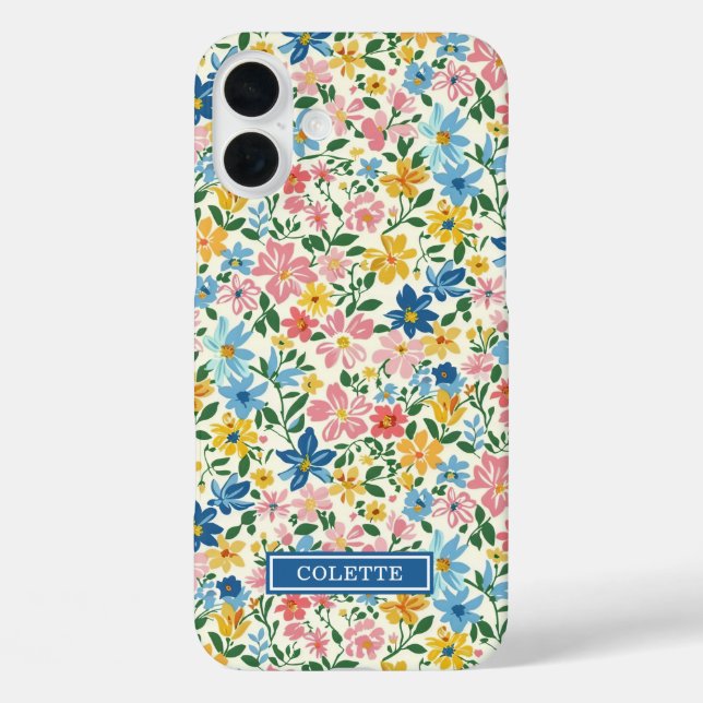 Blaue und gelbe Ditsy-Blumen monogrammiert Case-Mate iPhone Hülle (Rückseite)