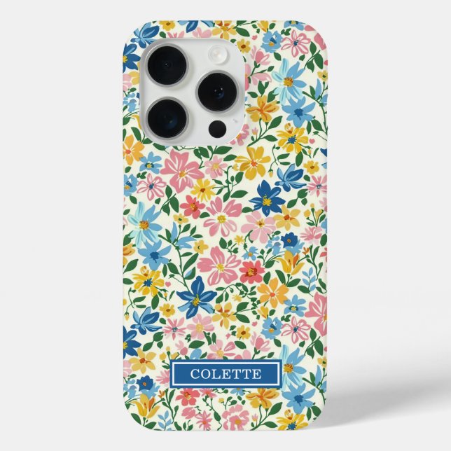 Blaue und gelbe Ditsy-Blumen monogrammiert Case-Mate iPhone Hülle (Rückseite)